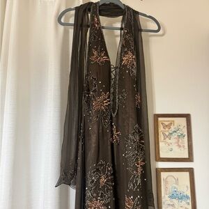 VINTAGE Embellished Chocolate Brown Halter Dress